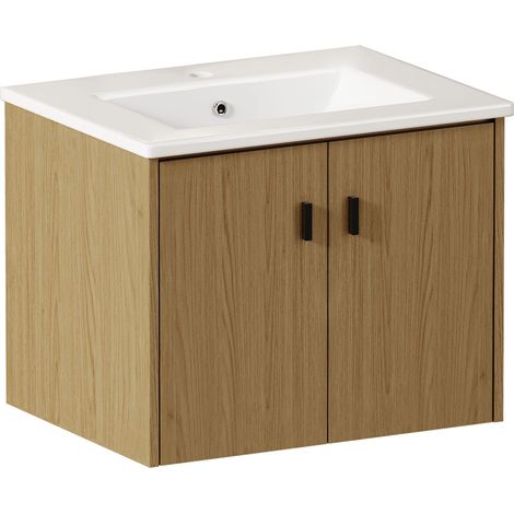 Mueble de baño 60 cm en roble claro con lavabo de cerámica y 2 puertas con cierre amortiguado (1/5)
