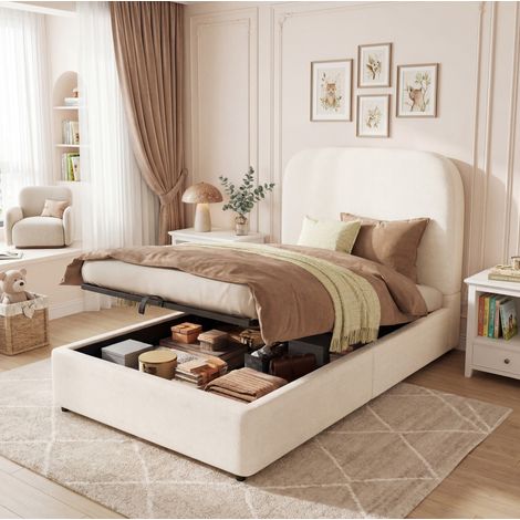 Cama infantil tapizada (90x200 cm), con almacenaje hidráulico, cabecero acolchado, bouclé beige (1/5)