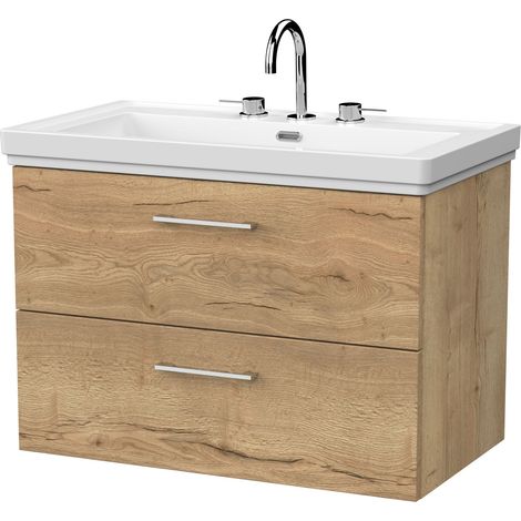 Pershall Contemporary Wall Hung 2 Drawer Vanity Unit with Traditional 3 Tap Hole Fireclay Basin, 800mm, Autumn Oak