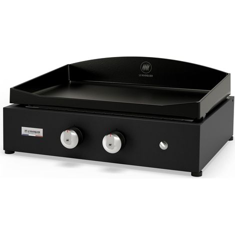 Le Marquier – Plancha à gaz 2 brûleurs inox – Plaque fonte émaillée inclinable 60x40 cm – Allumage piezzo électronique – Châssis acier noir (1/9)