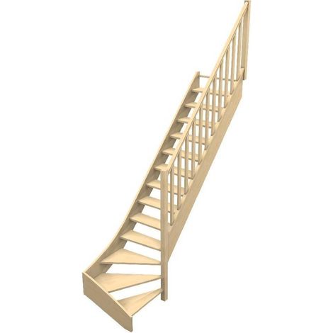 Levigne – Escalier quart tournant bas sapin massif 280 cm – 13 marches – Encombrement compact 256 cm – Rampe incluse – Giron 17 cm