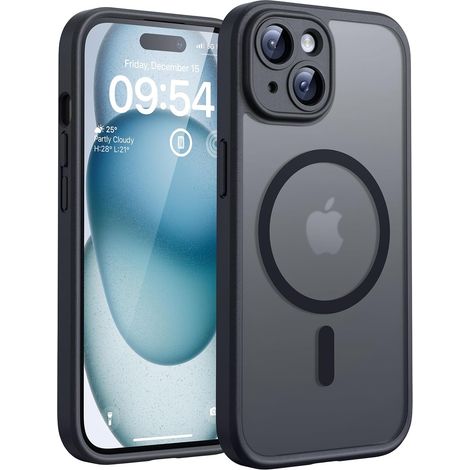 Coque Magnétique pour iPhone 15 6,1 Pouces, Compatible avec MagSafe, Protection de l'objectif améliorée, Coque Mat Translucide Fine Antichoc, Noir (1/5)