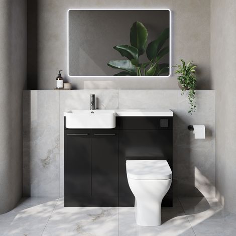 Napoli 250 Matt Black 1000mm 2 Door Vanity Unit Toilet Suite with Left Hand Round Rico Semi Recessed Basin - 1000mm - Gunmetal Grey 160mm HandleWith Kingston Toilet Pan and Seat