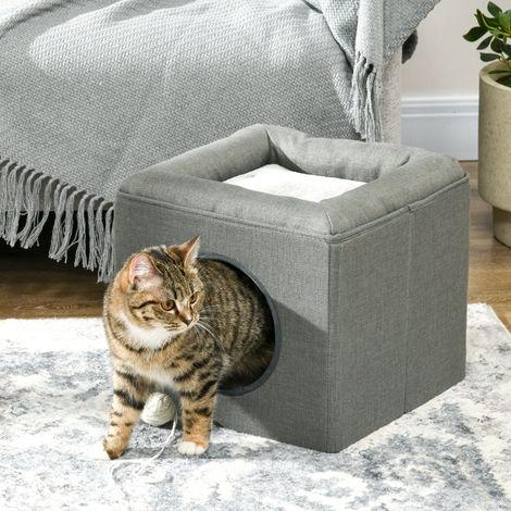 Maison pour chat à deux niveaux avec coussin en peluche douce - 36,5 x 36,5 x 33 cm, grise (1/5)