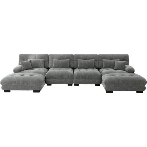 CAIziCanapé modulaire gris chenille U 4 places pouf mobile salon (1/5)