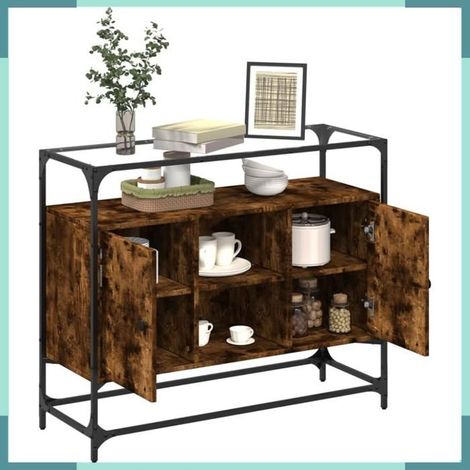 846071 Buffet avec dessus en verre chêne fumé bois d'ingénierie (1/5)