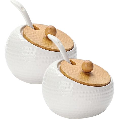 2 boîtes à épices en céramique, avec cuillère intégrée et couvercle en bois, pour sucre, sel, poivre, épices, vanille (1/5)