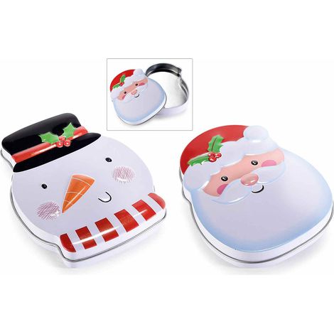 Scatole di Natale in metallo con disegni natalizi a forma di Babbo Natale e pupazzo di neve in rilievo, set da 18 pezzi, cm 10 x 12,5 x 2 H