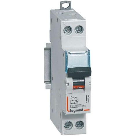 Disjoncteur Phase+Neutre DNX³4500 6kA arrivée et sortie borne à vis - 1P+N 230V 25A courbe D - 1 module - LEGRAND