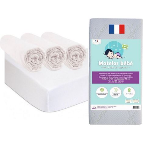 Matelas 60x120 cm + 3 Draps housse + 2 Alèses Coton BIO (1/4)