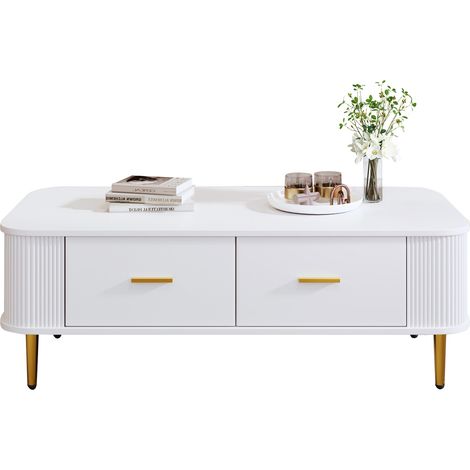Table basse, avec tiroirs, pour salon, table de salon aux côtés ondulés, coins courbés, table d’appoint, poignées et pieds dorés