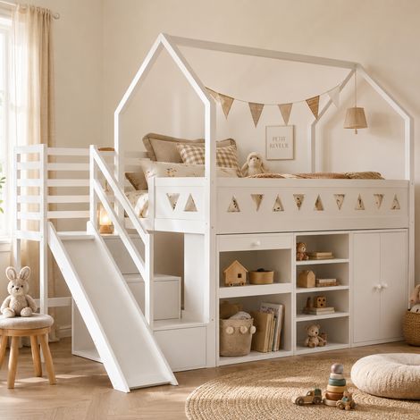 Lit enfant simple multifonction avec toboggan et escalier, tiroirs et casier, sans matelas, bois massif blanc 90x200 cm, idéal chambre enfant. (1/5)