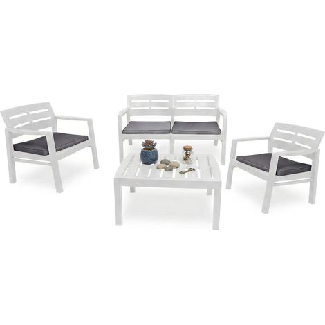 Dmora – Salon de jardin 4 places – 2 fauteuils, 1 canapé, 1 table basse – En polypropylène étanche – Coussins inclus – 100% Made in Italy – Blanc