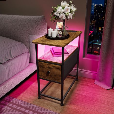 Table d'appoint avec Prise Électrique et USB C, Table de Chevet LED, Bout de Canapé avec Tiroir, Station de Charge Intégrée, Rangement 3 Niveaux, Structure Métal - Marron