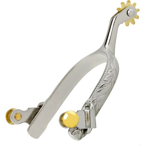 Speroni western da roping decoro foglia in acciaio inox con bottone e rotelle ottone
