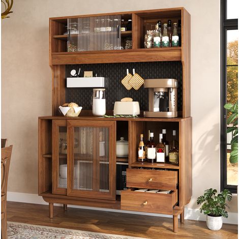 Aparador de cocina, 117x30x170 cm, con puertas correderas de vidrio estriado, cajones, MDF y tablero aglomerado, nogal (1/5)