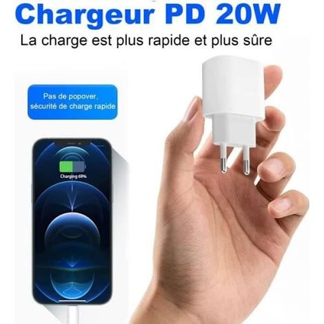 Chargeur rapide blanc 20 W - USB-C vers Lightning - Longueur : 2 m - Adaptateur de charge + câble - Compatible avec iPhone/iPad (1/3)