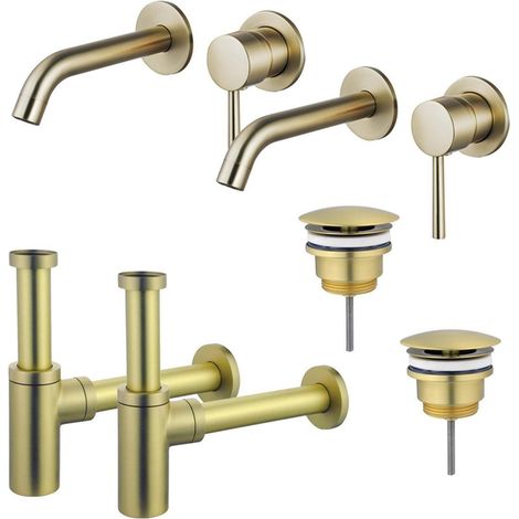 FugaFlow Eccelente Sobrado Slim Kit robinet lavabo - pour double vasque - robinet rehaussé - bonde non-obturable - siphon design - Laiton brossé PVD (1/4)