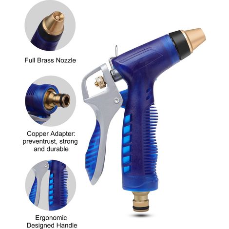 Pistola per irrigazione da giardino, lancia per tubo flessibile, ugello in metallo, pistola per pulizia autolavaggio, ugello a getto, testa ad alta pressione, getto d'acqua blu (1/4)