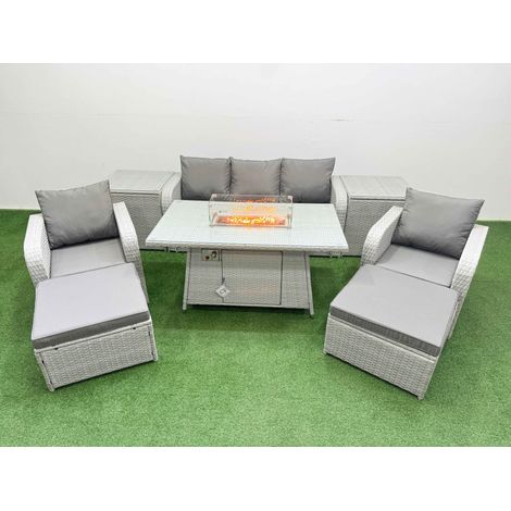 Fimous PE Rattan Garden Furniture Set Reclining Chair Sofa Lounge Sofa Set Firepit Dining Table 2 Side Table 2 Big Footstool Light Grey (1/4)