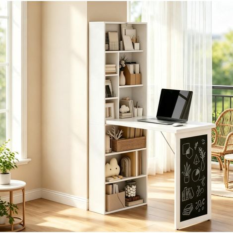 Escritorio plegable de pared con estantería de 9 compartimentos, pizarra lateral y balda ajustable, para oficina en casa y espacios pequeños -FLORAGRACE (1/5)