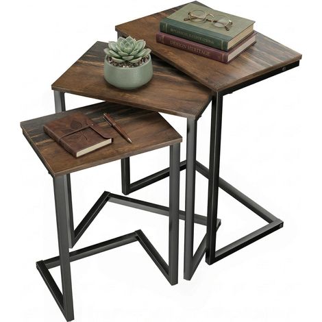 Tables gigognes, tables d'appoint, lot de 3, style industriel, structure en acier, marron et noir, 45 x 30 x 60 cm