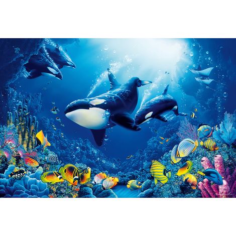 Papier peint panoramique bleu animaux orques | Tapisserie panoramique enfant aspect chambre garçon | Papier peint panoramique océan colorés poissons - 384 X 260 cm (8 pièces) (1/2)