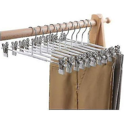 Lot de 10 cintres pantalon avec pinces, cintres jupe en métal robuste, pince à pantalon et jupe, rangement gain de place, finition anti-dérapante, usage quotidien. (1/2)