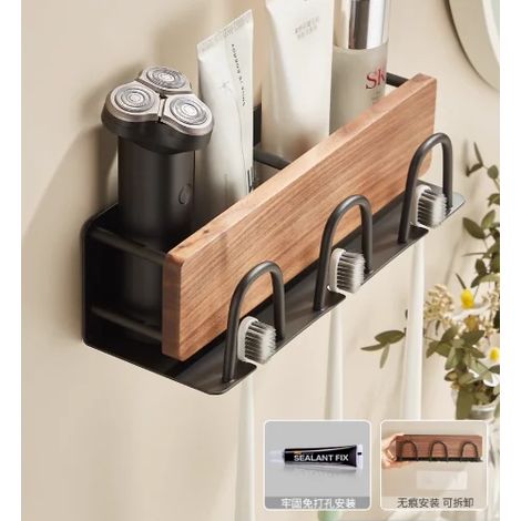 Ensemble de 3 étagères de salle de bain en bois : étagère de douche, étagère murale, support pour sèche-cheveux, étagère d'angle pour salle de bain. (1/5)