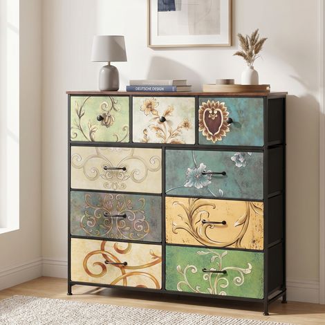 Commode Meuble de Rangement, 100x30x100 cm, 9 Tiroirs en Tissu, Cadre en Métal et Plateau en Bois, Style Vintage, Multicolore (1/5)