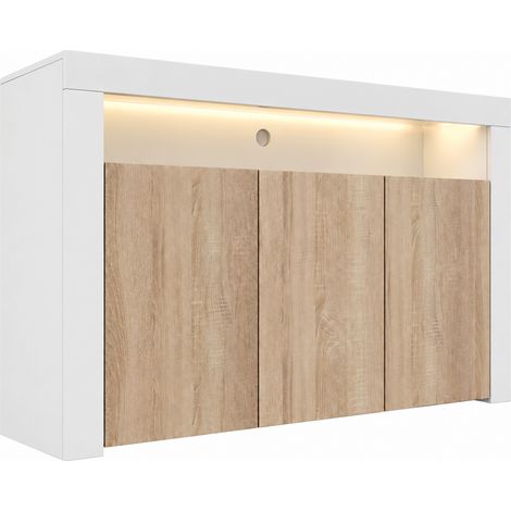Sideboard Modern mit LED Küchenschrank Kommode Wohnzimmerschrank 3 Türen Aufbewarungsschrank Buffet Esszimmer 155x91x37cm Modell Aker Weiss und Sonoma Matt (1/5)