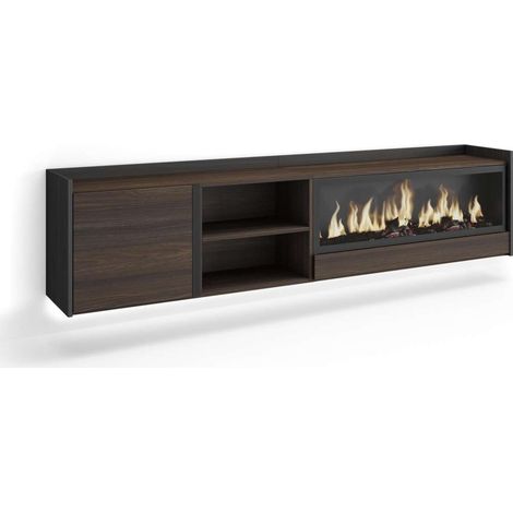 Mueble TV Montecorto-01 de 212x50x35 cm con chimenea y luces LED, suspendido, color roble oscuro y negro (1/4)