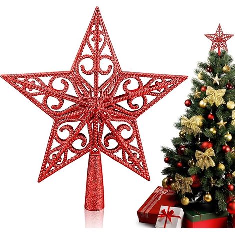 Puntale per albero di Natale a forma di pentagramma a forma di stella, decorazione per albero di Natale e feste in casa (rosso)