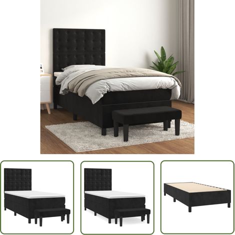 The Living Store Sommier à lattes de lit avec matelas Noir 90x200 cm Velours - Lit Plateforme - Lit Velours - Lit Double - Tête De Lit Ajustable - Matelas À Ressorts Ensachés (1/5)