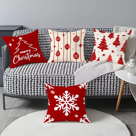 Housses de coussin de Noël, coussins décoratifs Joyeux Noël 18 x 18 pouces, lot de 4, housse de coussin arbre rouge neige (1/5)