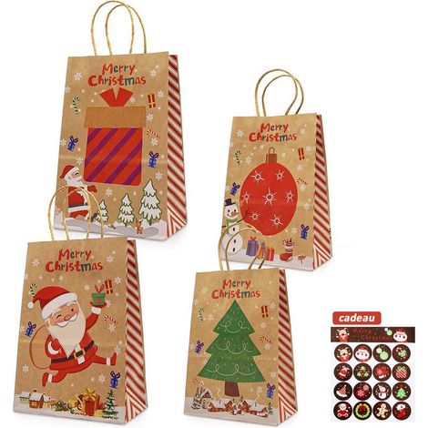 12pcs Sacs Cadeaux de Noël en Kraft 4 Modèles - Sacs en Papier de Noël avec Poignées pour Emballer des Cadeaux (1/4)