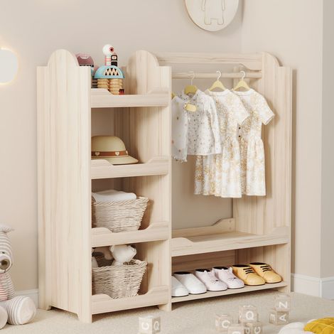 Porte-manteau enfant 110 x 39 x 110 cm en bois naturel, armoire ouverte avec penderie et 4 étagères – rangement pour chambre d'enfant (1/5)
