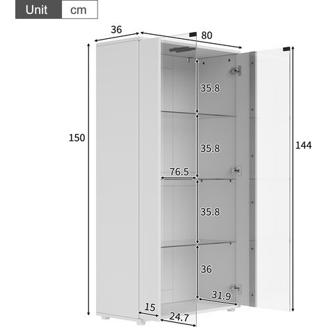 Vitrine, éclairage led, éléments en verre, 80 x 36 x 150 cm, panneaux de particules et verre, blanc (1/5)