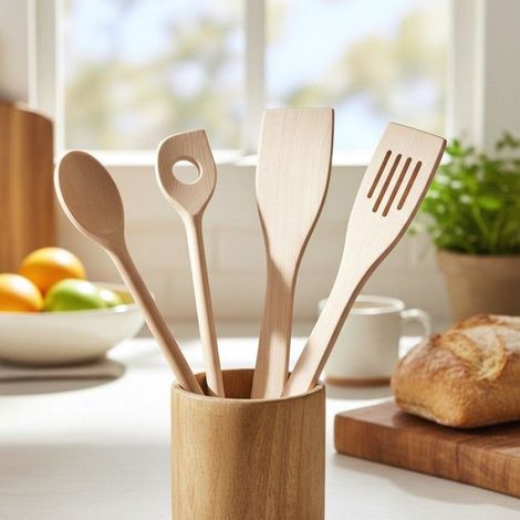 Ustensiles De Cuisine - Bois De Hetre - 4 Pieces - Pour Remuer Servir Cuisiner - Longueur 35 Cm (1/4)