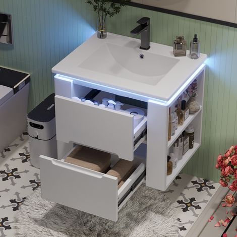 61×46×48,5 cm (type mural), armoire de salle de bain, finition laquée intégrale, éclairage LED à capteur radar, 2 tiroirs, rails coulissants silencieux, lavabo intégré au meuble, couleur blanche. (1/5)
