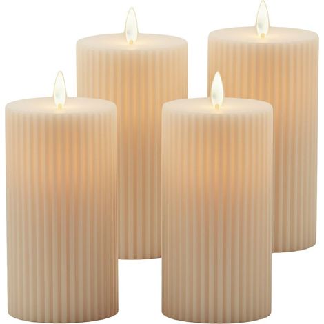Lot de 4 bougies LED, HxD : 17,5x8 cm, flamme vacillante, rainures, plastique, sans flamme, champagne (1/5)