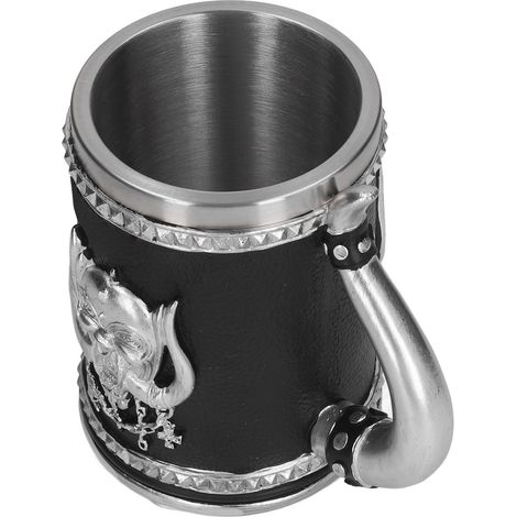 Chopine à bière pirate grande capacité en acier inoxydable sûr, peinte et polie à la main, ornée d'un crâne en résine artisanale. (1/5)
