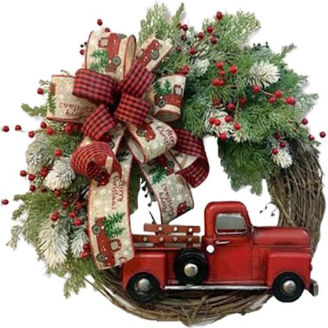 Couronne d'hiver, style champêtre avec camion rouge, décoration de porte d'entrée pour Noël avec nœud (1/5)