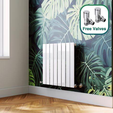 ELEGANT 600 x 600 mm White Horizontal Radiator Designer Radiator Flat Panel Bathroom Central Heating + Angled Radiator Valves (1/5)