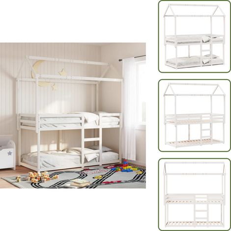 The Living Store Letto a Castello con Tetto Bianco 80x200 cm Legno Massello Pino - Letto per bambini