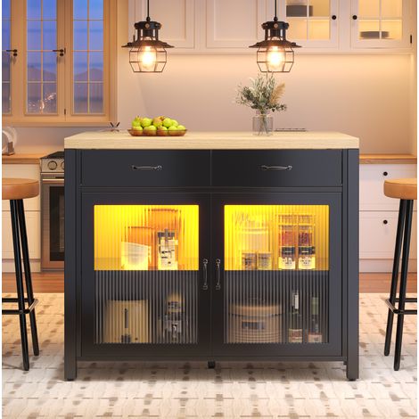 Îlot de cuisine 100x80x90 cm MDF noir avec porte vitrée, LED, rangement et pieds réglables - CHICFURN (1/5)