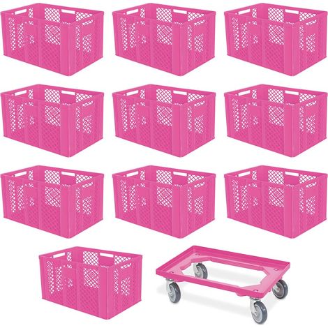BRB 10 Euroboxen, LxBxH 600x400x410 mm, lebensmittelecht + 1 Transportroller, pink