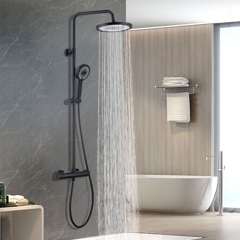 Colonne de Douche Thermostatique Ensemble de Douche Noir avec Douchette 3 Jets Kit de Douche Hauteur Réglable Mitigeur en Laiton Durable