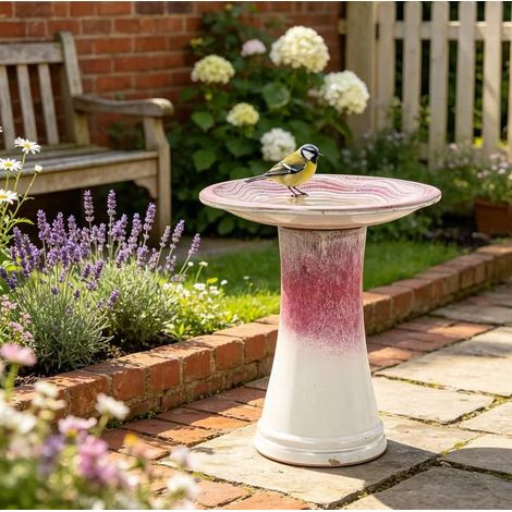 Bagno per uccelli in ceramica Ø 43 x 45 cm bianco e rosa resistente - MEUBLIV (1/5)