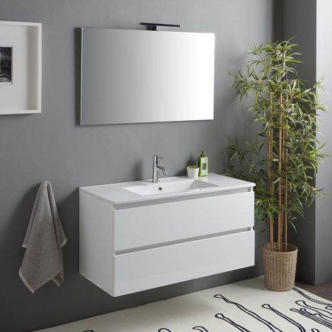 Kiamami Valentina – Meuble de salle de bain suspendu 100cm – Double tiroir blanc brillant – Lavabo en céramique intégré – Miroir avec lampe 100x60